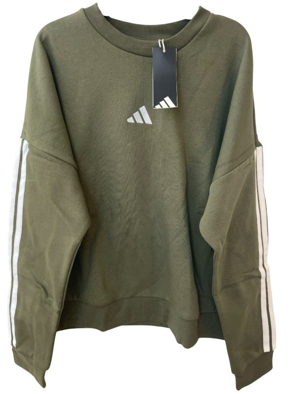 Adidas Olive Sweatshirt Striped Olive Strata White Women's Size L MSRP$55 NWT